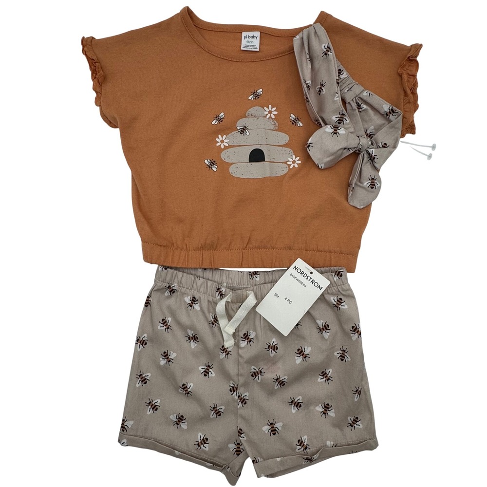 PL Baby Shorts Top Headband 3Pc Set Bee Graphic Ruffle Sleeve Baby Girl 9M Fall